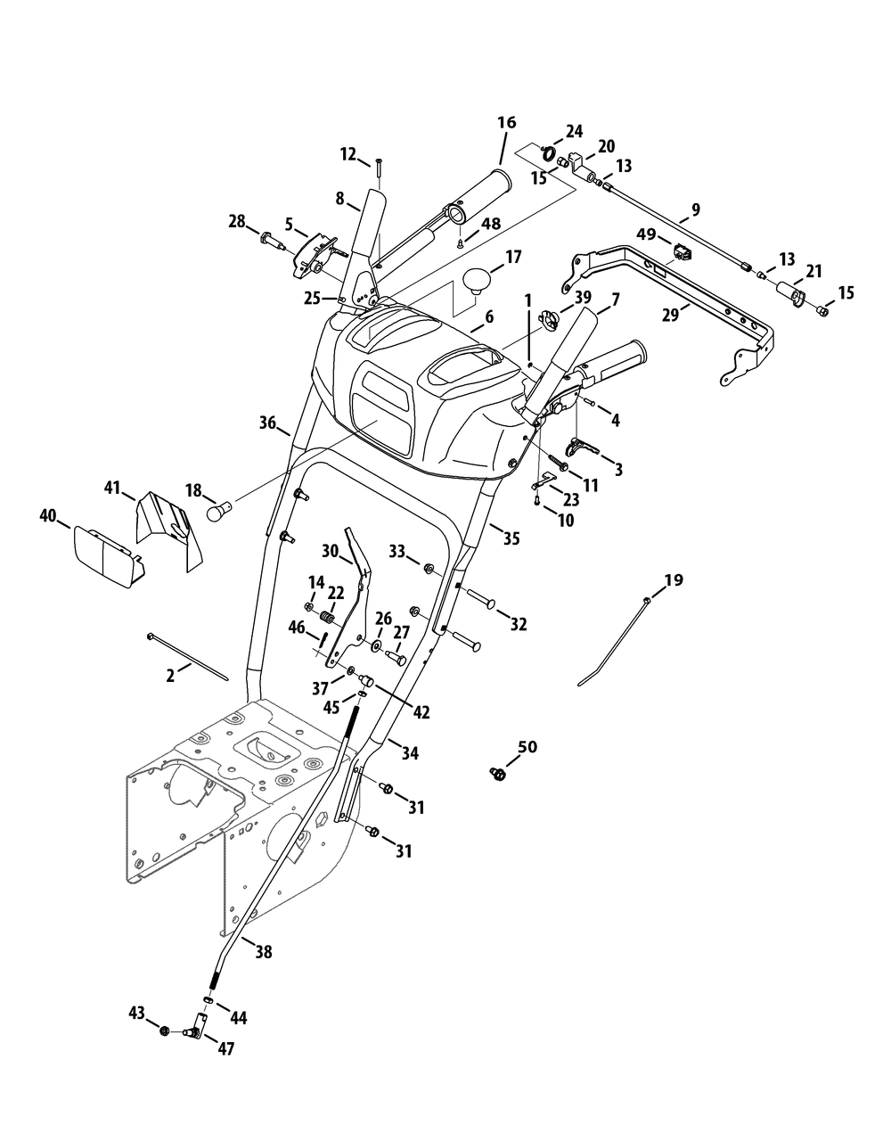 Handle And Frame Diagram and Parts List for 3X30-INCHTRAC31AH77SZ (31AH77SZ710)(2014) Cub Cadet Snow Blower